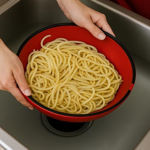 Ultimate Grease Drainer & Food Strainer (Red) Premium Heat-Resistant Silicone Colander for Bacon, Ground Beef, Pasta & Veggies; Fits Pans, Cans & Jars; Dishwasher Safe
