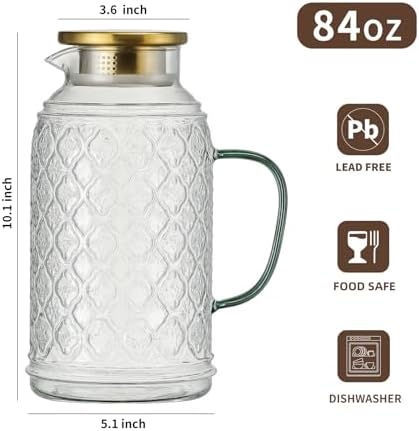 Buaic Glass Pitcher with Lid, 84 oz/2.5 Liter Vintage Water Pitcher