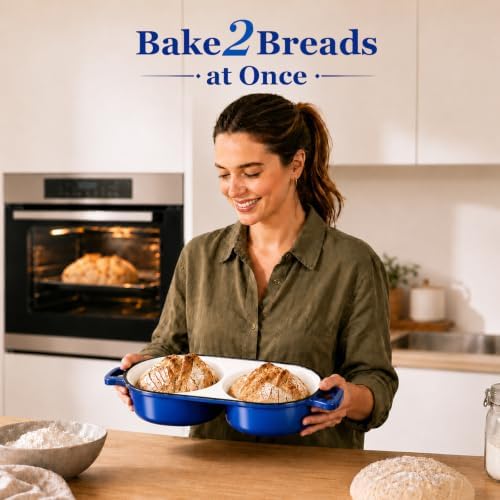 Double Dutch Oven for Sourdough Bread Baking,2.2QT Enameled Cast Iron Dutch Oven Pot with Lid,500°F Oven Safe Non Stick Bread Loaf Pan,Sourdough Baking Pan for Homemade Baking（blue）