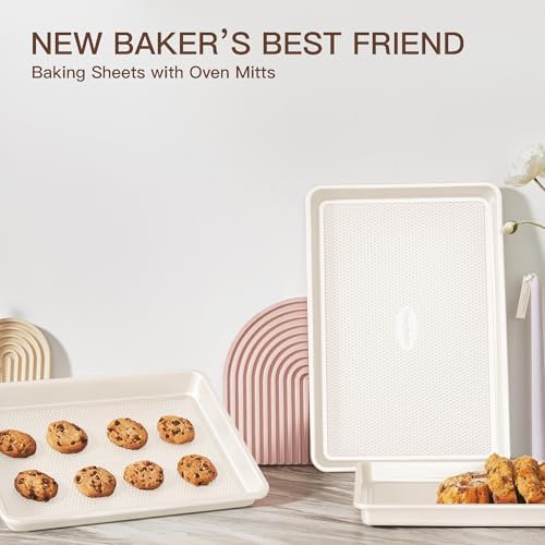 HONGBAKE 3 Pack Nonstick Ceramic Baking Sheet Pan Set for Oven, Non-Toxic Half/Quarter/Jelly Roll Pans with Diamond Texture, 0.8mm Aluminized Steel Cookie Trays for Cooking, Cream