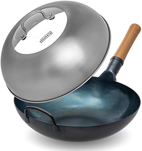YOSUKATA Flat Bottom Wok Pan - 13.5" Blue Carbon Steel Wok With Lid 12.8 Inch - Premium Stainless Pan Cover with Tempered Glass Insert Steam Holes and Ergonomic Handle