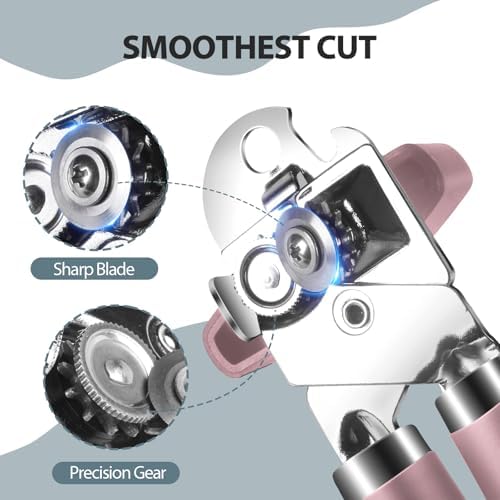 Safring Can Opener Manual, Heavy Duty Handheld Strong Can Opener with Soft Touch Handle, Sharp Blade Smooth Edge, Can Openers with Multifunctional Bottle Opener, Pink