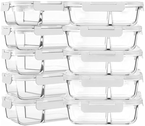 M MCIRCO 10 Pack,30 oz, 2 Compartments Glass Meal Prep Containers with Lids
