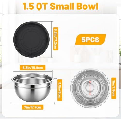 Beasea Stainless Steel Mixing Bowls, 5 Pack 1.5 QT Stackable Nesting Mixing Bowls with Lids, Metal Bowl with Lid for Baking, Meal Prepping, Salad, Serving, Food Storing
