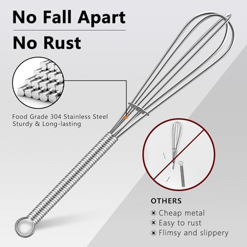 Walfos Mini Whisk,Non-Rust Whisk,304 Stainless steel Small Whisks.Heat Resistant 450℉.6+8Inch Tiny whisks Nice for Whisking, Blending Ingredients, Beating, Mixing Sauces (Silver)