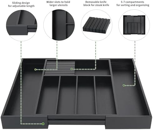 VaeFae Bamboo Silverware Drawer Organizer, 7 Slots, Black