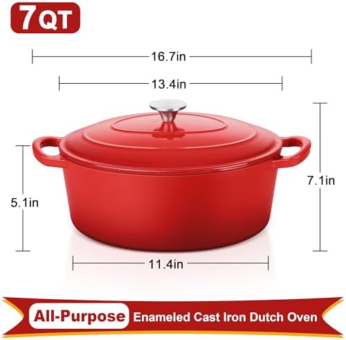 E-far 7QT Oval Dutch Oven Pot with Lid, Red Enameled Cast Iron Dutch Oven