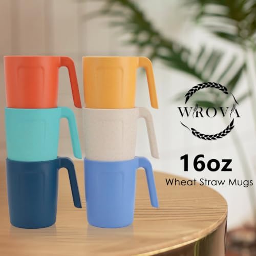 Wrova 16oz Wheat Straw Cups with handles set of 6-Plastic Cups Reusable-Unbreakable Kids Mugs-Dishwasher Safe & Microwave Safe-Ideal Plastic Mugs for Tea,Coffee,Camping,RV-Vibrant Color