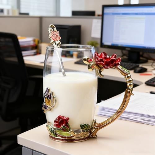 Handicraft Crystal Glass 3D Flower Cups Tea Mug With Tea Spoon Women Coffee, Tea, Juice, Beer, Milk Hot And Cold Drinks Use Gift Package. (Red Rose-Tal)