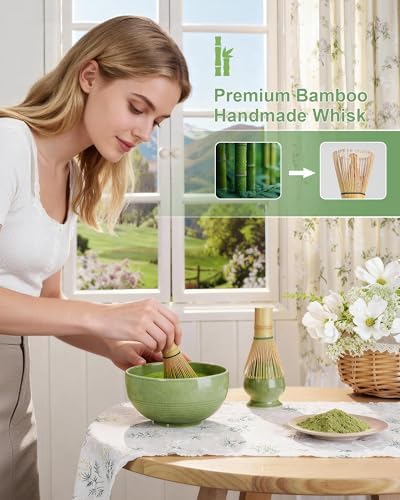 ZENS Matcha Whisk Set, 5pcs Matcha Kit Set Includes Emerald Green Bowl, Handcrafted Bamboo Whisk and Chasen Holder, Scoop & Tea Mat, Matcha Tea Ceremony Gift for Matcha Lovers