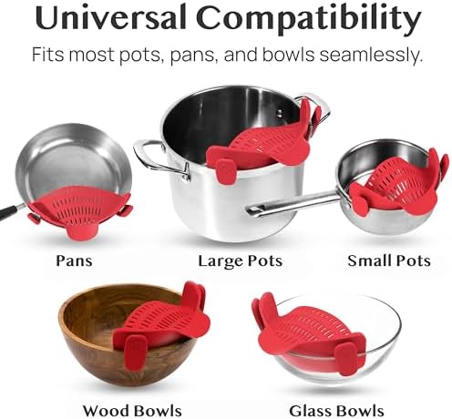 Kitchen Gizmo Snap N Strain Silicone Pot Strainer - Adjustable Clip-On Pasta Strainer for Pots, Pans, and Bowls - Large Red Kitchen Colander