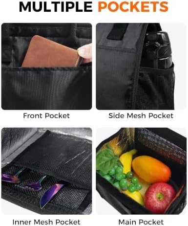 Black Insulated Lunch Bag Women Men, Reusable Cooler Tote Thermal Snack Bag