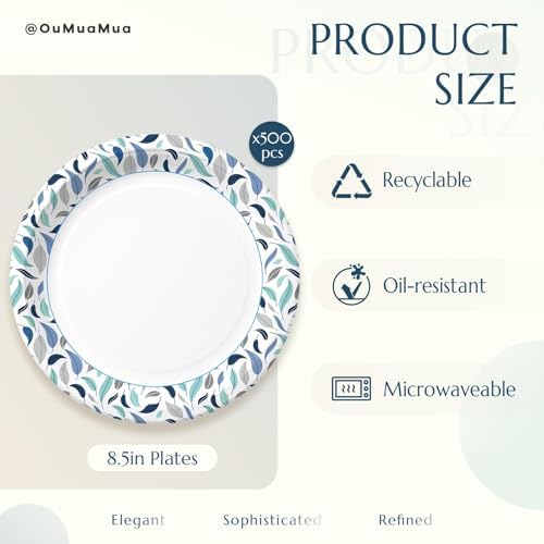 OuMuaMua 8.5 Inch Paper Plates, 500 Count Disposable Paper Plates