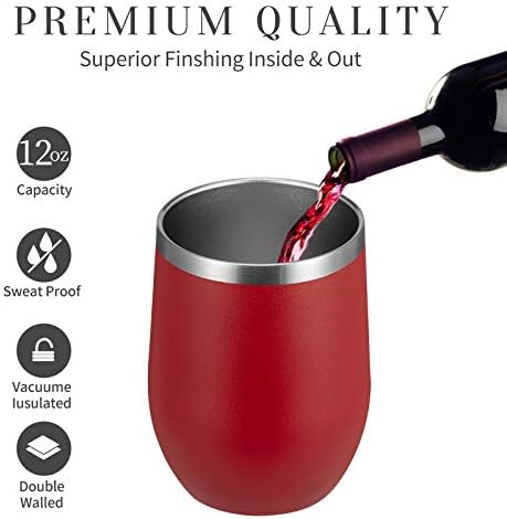 MEWAY Stemless 12oz Wine Tumbler Glasses with Lid -Insulated Double Wall Vacuum Stainless Steel Travel Tumbler with Straw,for Woman Under 10 dollars (Red,1)