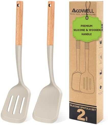Pack of 2 Silicone Spatula Set with Elegant Wooden Handle, Heat Resistant Solid & Slotted Turner for Non Stick Pans, Great Kitchen Spatulas, Cooking Utensils for Sautéing, Frying and Flipping
