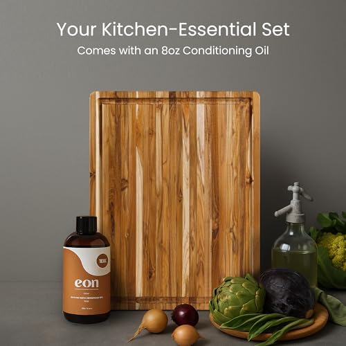 Teakhaus Cutting Board and EON Cutting Board Oil Set - Large (L) Teak Wood Chopping Board & Food-Grade Mineral Oil - 20”L x 15”W x 1.5” Thick - FSC Certified