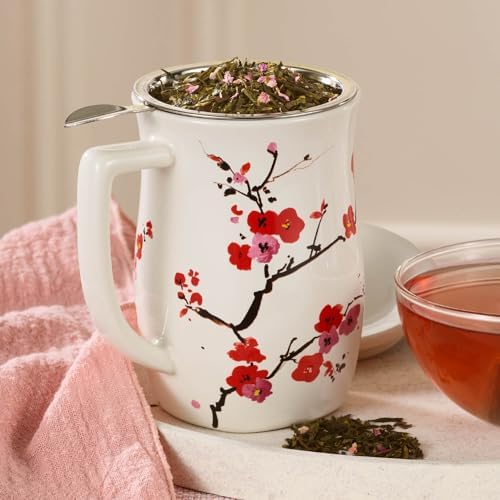 Tea Forte Ceramic Fiore Tea Cup with Infuser, Sakura, 14 oz