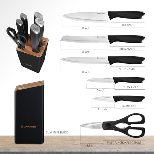 Black Knife Set with Wooden Block, 7-Piece Sharp Knife Block Set