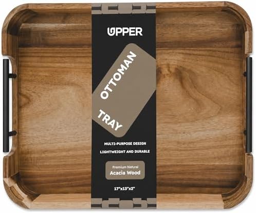 Upper Acacia Wood Ottoman Tray 17x13 Inches with Handles, Decorative Serving Tray for Coffee Table, Breakfast Tray with Anti-Skid Pads (Black Handle 01)