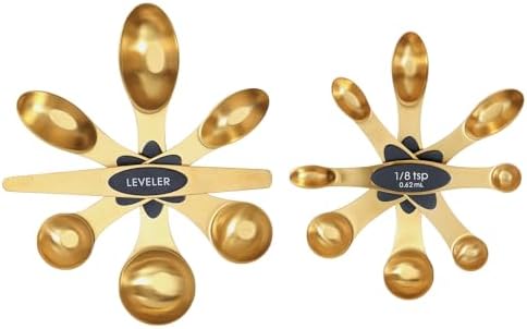 Magnetic Measuring Spoons Set, Stainless Steel, Dual Sided, Stackable, Dual Sided for Measuring Dry and Liquid Ingredients, Fits in Spice Jars, Set of 8（Gold ）