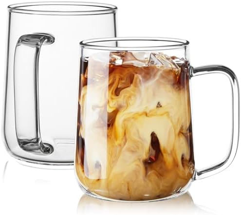 Glass Coffee Mugs, 16 oz Glass Coffee Cups Set of 2, Clear Borosilicate Glass Mugs with Handles for Cappuccino, Tea, Latte, Hot/Cold Beverages, Wine, Americano