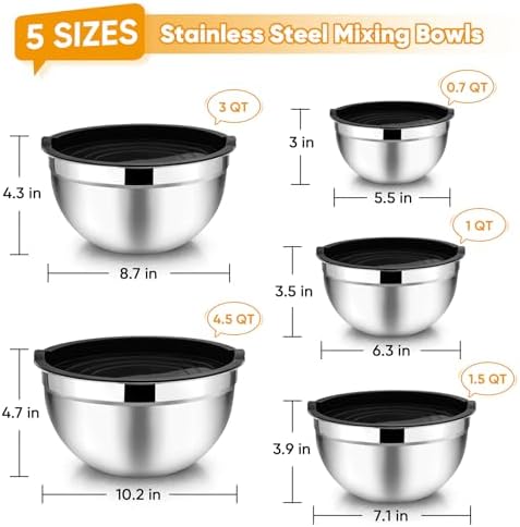 TeamFar Mixing Bowls Set of 5, Stainless Steel Metal Salad Bowls with Lids