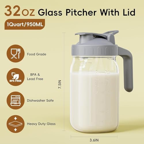 JunVpic Breast Milk Pitcher, 32 oz Wide Mouth Glass Mason Jar with Lid