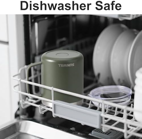 SUNWILL Travel Coffee Mug with Lid, Insulated Tumbler with Handle, 14 oz Stainless Steel Cup for Home, Office, Camping, Powder Coated Camp Green