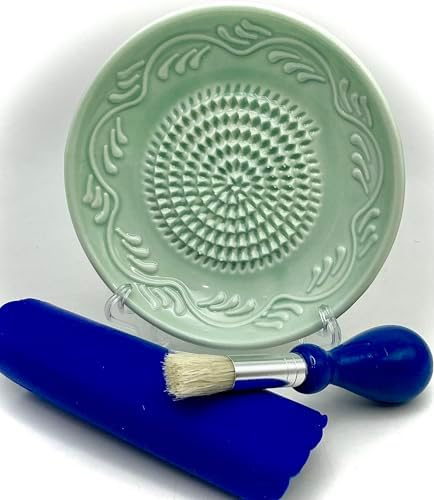 BonCera, Premium Ceramic Garlic Grater Plate Set - Turquoise Floral Edge