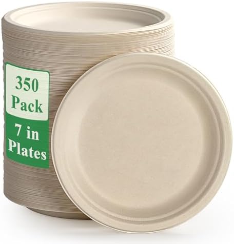 Vplus 350 Pack Compostable Bagasse Paper Plates 6.9 inch, Nature