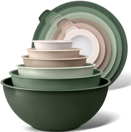Zulay Kitchen 12 Piece Plastic Mixing Bowls with Leak-Proof Lids Set - Microwave and Freezer Safe Kitchen Mixing Bowls for Preparing, Serving and Storing - Large Nesting Bowls (Forest Ombre)