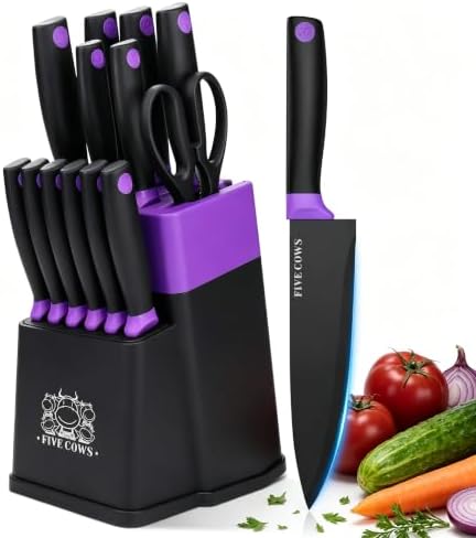 14 Pcs Kitchen Knife Block Set with Sharpener German High Carbon Stainless Steel Chef Knives, Razor-Sharp & Durable, Lightweight Anti-Slip Handle, Professional Set for Home & Kitchen (Purple)