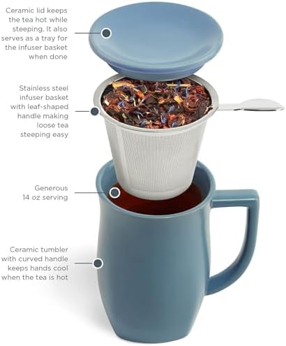 Tea Forte Ceramic Fiore Tea Cup with Infuser, Stone Blue, 14 oz