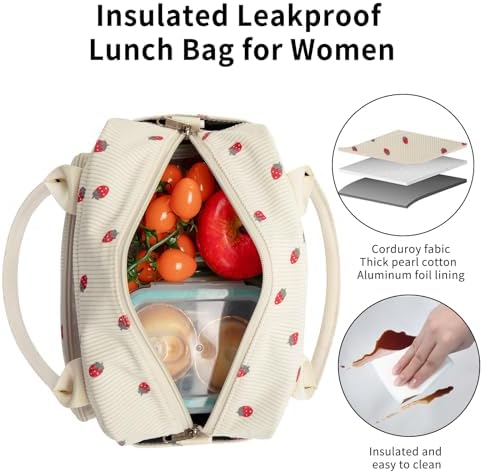GASSDA Lunch Box for Women Insulated Lunch Bag Women Adult Cute Lunch Bags Reusable Lunchbox Cooler Tote Bag for Work Picnic (Beige-Strawberry)