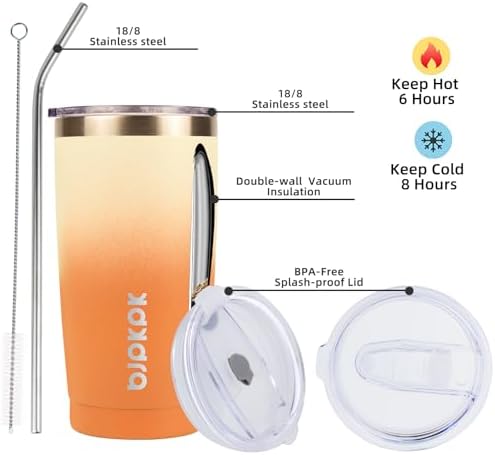 BJPKPK 20oz Coffee Tumbler with Lid & Straw, Insulated Stainless Steel Mug