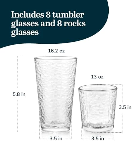 Libbey Yucatan Textured Tumbler & Rocks Drinking Glasses Set of 16
