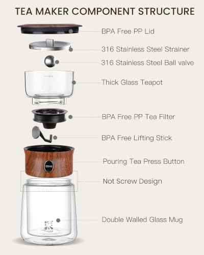 ZENS Glass Infuser Teapot, One Touch Tea Maker for Loose Leaf Tea, Teak
