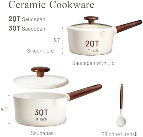 CAROTE 2QT & 3QT Sauce Pan Sets with Lid & Ladle Ceramic Nonstick Pot Set Non Toxic Saucepan Small Kitchen Cooking Pots, Easy to Clean, Induction Comptable, PFAS PTFE Free, White
