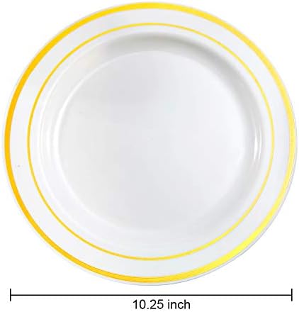 bUCLA 100Pieces Gold Plastic Dinner Plates - 10.25inch White and Gold Plates Disposable for Party - Ideal for Wedding, Party & Daily Use