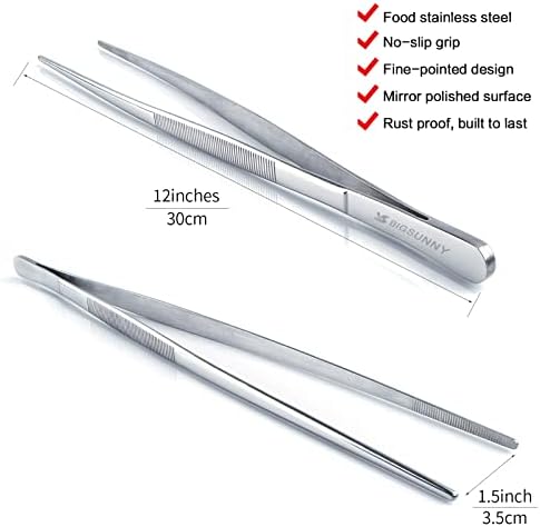 MSY BIGSUNNY Set of 2 Kitchen Tweezers Fine Tweezer Tongs 12 Inch Stainless Steel Food Tweezer, Precision Serrated Tips Food Tongs,Extra-Long Straight Tweezers