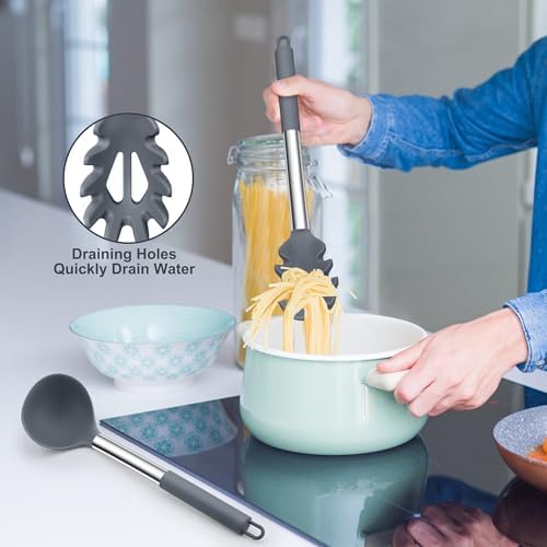 TeamFar Silicone Pasta Fork and Ladle, Nonstick Kitchen Utensils, Gray