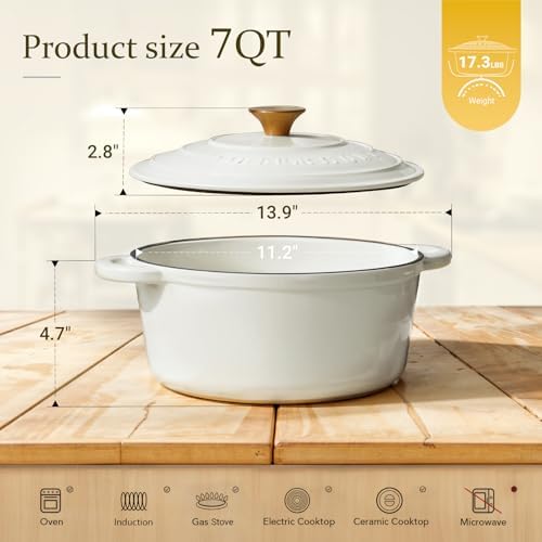 Overmont Enameled Cast Iron Dutch Oven - 7QT Pot with Lid Cookbook & Cotton Potholders - Heavy-Duty Cookware for Braising, Stews, Roasting, Bread Baking PearlWhite