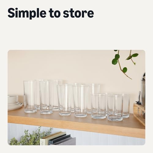 Amazon Basics Drinking Glasses, 15 oz., Sturdy Glass, Rounded for Comfortable Hold, Dishwasher-Safe, Round Shape, 4-Piece Set