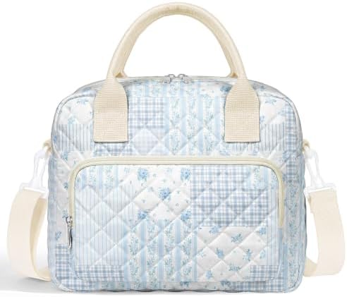 WOBAGMEN Quilted Lunch Box for Women,Large Floral Insulated Lunch Bag with Multiple Pockets,Adjustable Strap,Reusable Lunch Tote Box for Work Picnic Travel (Blue Floral Patchwork, M)