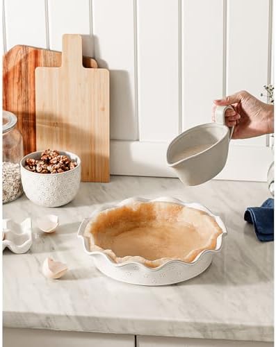 Ceramic Deep Pie Pan for Baking, 11 inch Porcelain Pie Plate for Apple Pie, Oven & Dishwasher Safe, Farmhouse Decor, 48 Ounce Deep Plate for Kitchen, Non-Stick Pie Dish, Embossed Flower
