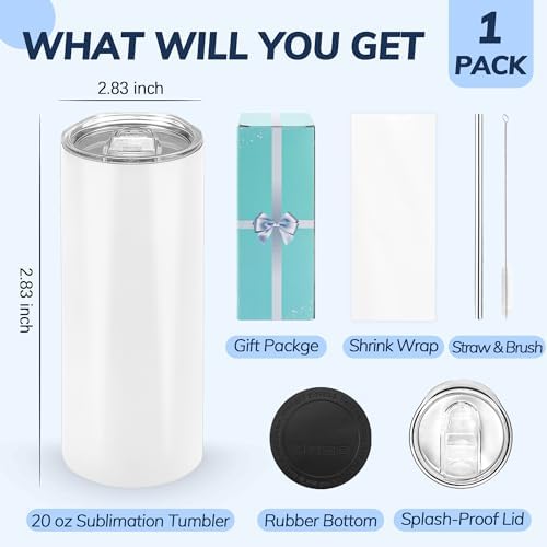 D·S 20 oz Sublimation Tumbler Skinny Straight Tumblers with Gift Box 1Pack