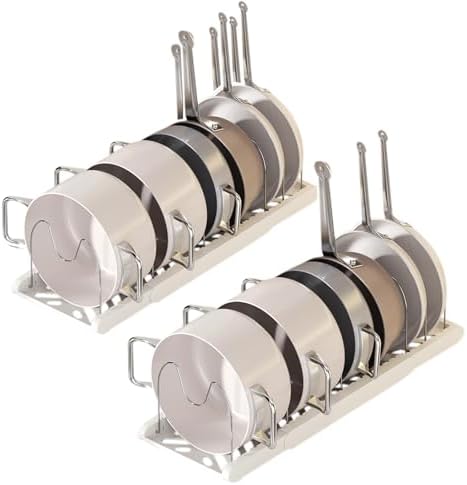 Pot Rack -Expandable Pan Organizer for Cabinet,Pot Lid Holder with 7 Adjustable Compartment for Kitchen Cabinet Cookware Baking Frying Rack,2Pack,Apricot
