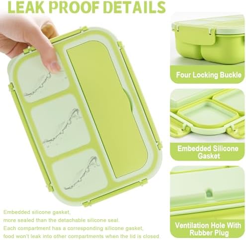 shell and turtle Bento Box Adult Lunch Box, Lunch Containers for Kids Girls Boys with 4 Compartments, Lunchable Food Container with Utensils, Sauce Jar, Muffin Liners, 40 Oz/5 Cup, Bright Green