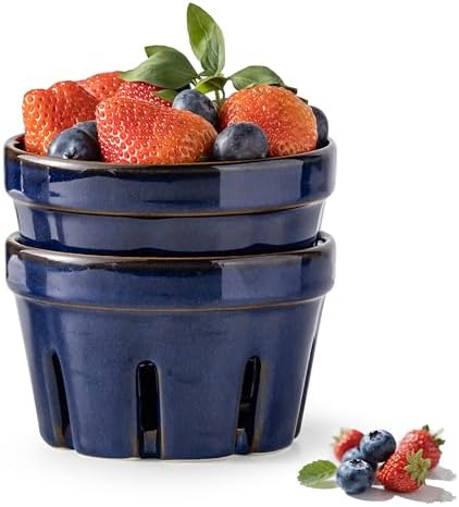 Gomakren Ceramic Berry Bowls with Holes Set of 2 for Fridge, Cobalt Blue