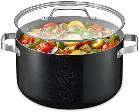 Bakken 12.5 Quart Ceramic Coated Stock Pot with Lid, Easy Clean Nonstick Pot, Tempered Glass Lid, Riveted Stainless Steel Handles, Oven Safe Up To 500°F, PTFE & PFAS Free, All Stove Compatible, Black